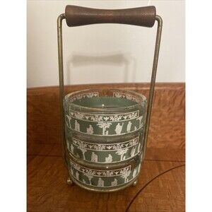 Vintage Jeanette Green Glass Wedgewood Grecia Ashtray Set 3 Ash Trays & Carrier